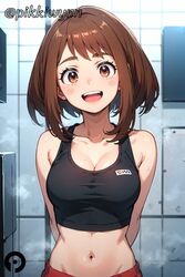  :d ai_generated arms_behind_back bangs bare_shoulders blush blush_stickers boku_no_hero_academia breasts brown_eyes brown_hair cleavage collarbone crop_top female indoors looking_at_viewer medium_breasts midriff my_hero_academia navel ochako_uraraka open_mouth pikkiwynn short_hair sidelocks smile solo sports_bra stomach sweat tank_top teeth upper_body uraraka_ochako 