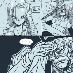  ... 1boy 2girls android_18 android_21 commentary cyborg dr._gero_(dragon_ball) dragon_ball dragon_ball_fighterz dragon_ball_z facial_hair glasses greyscale matt_rucker meme monochrome moustache multiple_girls old old_man sweat thought_bubble 