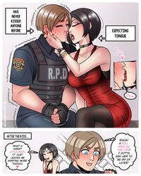  1boy 1girls ada_wong assertive_female black_hair blue_eyes blush brown_eyes brown_hair capcom closed_eyes dangerousbride dialogue english_text female heavy_blush inexperienced kissing leon_scott_kennedy male red_lipstick resident_evil resident_evil_2 resident_evil_2_remake smug text_bubble thought_bubble very_high_resolution wholesome 