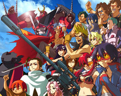  6+boys 6+girls ailac_coega anti-materiel_rifle bad_id bad_pixiv_id barinbo darry_adai day dayakka everyone gimmy_adai gun gurren-lagann highres jogan kamina_(ttgl) kan_(tachi) kinon_bachika kittan_bachika kiyal_bachika kiyoh_bachika leeron_littner lens_flare mecha multiple_boys multiple_girls rifle robot rossiu_adai simon_(ttgl) sky sniper_rifle tengen_toppa_gurren_lagann weapon yoko_littner 