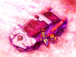  1boy alternate_form bad_id bad_pixiv_id blue_eyes brown_hair car cherry_blossoms drive_ume exkaiser from_above hoshikawa_kouta leaning_back male_focus mario_(yuusha_exkaiser) motor_vehicle on_vehicle open_mouth photoshop_(medium) pink_theme sitting solo sports_car tongue vehicle_focus yuusha_exkaiser yuusha_series 