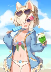  absurdres alpaca_ears alpaca_girl alpaca_suri_(kemono_friends) alpaca_tail alternate_costume animal_ears beach bikini blue_eyes blue_sweater blush breasts cardigan cloud day extra_ears eyewear_on_head female floral_print flower food hair_bun hair_flower hair_ornament hair_over_one_eye hair_tubes highres kemono_friends long_sleeves midriff navel noamem ocean open_cardigan open_clothes outdoors parfait popsicle short_hair single_hair_bun sky solo sunglasses sweater swimsuit tail white_bikini white_hair 