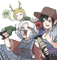  3girls antlers black_eyes black_hair blonde_hair blue_dress blue_shirt blush brown_headwear cowboy_hat disgust dragon_horns dress drinking drinking_gasoline drooling eye_print gas_pump_nozzle gasoline hand_on_another&#039;s_head hat highres holding horizontal_pupils horns kicchou_yachie kurokoma_saki meandros multiple_girls open_mouth otter_spirit_(touhou) peroponesosu. pointing pointing_at_self pointy_ears red_eyes red_horns red_shirt sharp_teeth shirt short_hair short_sleeves simple_background smile teeth tongue tongue_out touhou toutetsu_yuuma turtle_shell upper_body white_background white_hair 