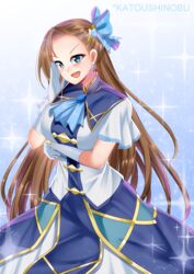  absurdres asymmetrical_bangs blue_bow blue_collar blue_dress blue_eyes blue_neckwear bow brooch brown_hair collar dress earrings female gloves highres jewelry katarina_claes katou_shinobu long_hair otome_game_no_hametsu_flag_shika_nai_akuyaku_reijou_ni_tensei_shite_shimatta ribbon scar scar_on_face scar_on_forehead smile solo 