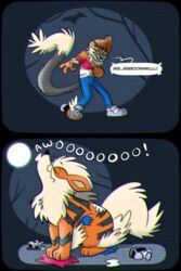  arcanine clothing dialogue english_text eyewear feral forced forced_transformation generation_1_pokemon glasses hi_res howling_at_the_moon human mammal mid_transformation moon nintendo pokemon pokemon_(species) pokemon_speak solo species_transformation text torn_clothing transformation transformation_sequence trevor-fox 