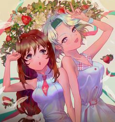  2girls :o black_eyes blue_eyes blue_hair bracelet breasts brown_hair collarbone corette dress erica_fontaine feathers flower food fruit glasses green_hairband hairband highres jewelry lobelia_carlini long_hair medium_breasts multiple_girls necktie open_mouth parted_bangs red_necktie round_eyewear sakura_taisen sakura_taisen_iii short_hair short_necktie strawberry v white_dress white_flower 