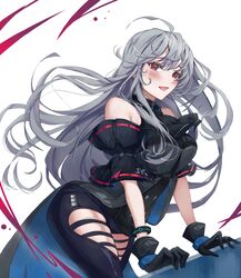  :d absurdres arknights bare_shoulders black_gloves black_pants breasts clothing_cutout commentary cowboy_shot detached_sleeves female gloves grey_hair highres infection_monitor_(arknights) korean_commentary leggings long_hair looking_at_viewer medium_breasts no_headwear pants red_eyes simple_background skadi_(arknights) skadi_(elite_ii)_(arknights) smile solo standing teishu thigh_cutout thighs very_long_hair white_background 