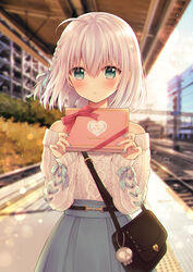  ahoge aran_sweater bag bag_charm blue_skirt blurry blurry_background blush box braid cable_knit charm_(object) commentary_request depth_of_field english_text female gift gift_box green_eyes green_ribbons grey_nails hair_between_eyes hair_ribbon hands_up happy_valentine highres holding holding_gift long_sleeves looking_at_viewer nail_polish nanamegi_nagisa off-shoulder_sweater off_shoulder original outdoors parted_lips pleated_skirt railroad_tracks ribbon sato_ame shoulder_bag signature skirt sleeves_past_wrists solo sweater train_station train_station_platform valentine white_hair white_sweater 