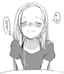  blush closed_eyes facing_viewer female forehead greyscale haguhagu_(rinjuu_circus) heart highres long_hair monochrome original pov_across_table sasha_(haguhagu) shirt short_sleeves simple_background smile solo swallowing table translation_request upper_body white_background 