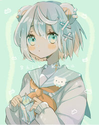  :&lt; absurdres ahoge animal_ears bag bear_ears blue_eyes blush closed_mouth ear_piercing earrings english_text female food food_wrapper gradient_hair hair_ornament hairclip high_collar highres holding holding_bag holding_food jewelry long_hair long_sleeves looking_away looking_to_the_side multicolored_hair nagihoko neckerchief orange_hair original piercing popsicle puffy_long_sleeves puffy_sleeves red_neckerchief school_uniform serafuku short_hair sleeves_past_wrists solo sweater two-tone_hair 