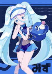  bare_legs bare_shoulders barefoot blue_eyes blue_hair bright_pupils colored_eyelashes commentary crossover eyelashes female foot_out_of_frame hands_up hatsune_miku highres light_blue_hair liquid_hair long_hair looking_at_viewer parted_lips piko_pinapi pokemon pokemon_(creature) popplio project_voltage standing swimsuit translated twintails very_long_hair visor_cap vocaloid water_miku_(project_voltage) white_pupils zipper_pull_tab 