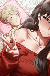  1boy anachronism black_hair blonde_hair blush breath closed_mouth clothed_female_nude_male collarbone earrings emaciated exhausted female guy_tired_after_sex_(meme) haraya_manawari heart heart-shaped_pupils highres implied_after_sex jewelry long_hair long_sleeves lying meme nude on_back pillow red_eyes selfie sitting sleeping smile spy_x_family straight sunken_cheeks sweat sweater symbol-shaped_pupils twilight_(spy_x_family) unconscious v yor_briar 