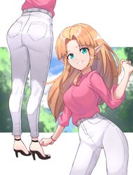  absurdres aqua_eyes ass blonde_hair blue_eyes blurry blurry_background blush bracelet breasts casual commentary earrings female grimmelsdathird grin hand_up high-waist_pants high_heels highres jewelry long_hair looking_at_viewer multiple_views open_mouth outside_border pants parted_bangs pink_shirt pointy_ears princess_zelda shirt shirt_tucked_in smile standing symbol-only_commentary the_legend_of_zelda the_legend_of_zelda:_a_link_between_worlds triforce triforce_earrings white_pants 