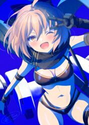  ;d ahoge arm_behind_back armband armpit_crease bikini black_bikini blonde_hair blue_theme blush bow commentary_request cowboy_shot dutch_angle fate/grand_order fate_(series) female foreshortening gloves hair_between_eyes hairbow hand_up happy highres ittokyu layered_bikini looking_at_viewer midriff navel okita_j._souji_(fate) okita_j._souji_(first_ascension)_(fate) okita_souji_(fate) one_eye_closed open_mouth short_hair sidelocks signature smile solo swept_bangs swimsuit thigh_strap v 