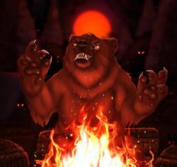  anthro bared_teeth bear camp campfire camping claws eyewear fangs felid feline fire glasses halloween hi_res holidays hybrid inktober inktober_2022 luckfoxo33 lynx male mammal night red_background scary simple_background solo teeth teeth_showing 