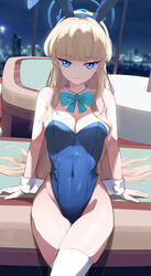  absurdres animal_ears bare_shoulders blonde_hair blue_archive blue_eyes blue_hairband blue_halo blue_leotard bow bowtie breasts cleavage closed_mouth covered_navel crossed_legs dated_commentary detached_collar fake_animal_ears female hairband halo highleg highleg_leotard highres leotard long_hair looking_at_viewer medium_breasts mole mole_on_breast mole_on_crotch night night_sky official_alternate_costume playboy_bunny rabbit_ears ryeon_(bluetom1) sitting skindentation sky smile solo strapless strapless_leotard thighhighs thighs toki_(blue_archive) toki_(bunny)_(blue_archive) very_long_hair white_thighhighs window wrist_cuffs 