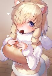  alpaca_ears alpaca_girl alpaca_suri_(kemono_friends) alpaca_tail animal_ears blue_eyes blush brown_vest candy chocolate commentary_request female food food_in_mouth from_above fur_trim hair_bun hair_over_one_eye hair_tubes heart heart-shaped_chocolate highres kemono_friends looking_at_viewer noamem short_hair single_hair_bun solo sweater tail vest white_fur white_hair white_sweater 