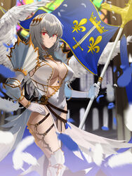  absurdres alternate_costume azur_lane breasts cathedral center_opening closed_mouth commentary commission feather_dress feathered_wings feathers female flag fleur-de-lis from_side gloves gold_trim grey_hair hair_between_eyes hand_on_own_hip highres holding holding_flag knight large_breasts long_hair looking_at_viewer mole mole_under_eye pixiv_commission red_eyes saint-louis_(azur_lane) sankyo_(821-scoville) serious solo standing white_gloves wings 