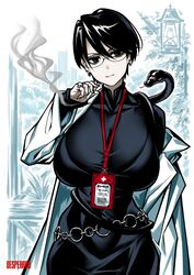  absurdres bags_under_eyes belt black_dress black_eyes black_hair bralines breasts chain_belt character_request cigarette coat collarbone desperado_(yotaro) dress earrings female glasses highres holding holding_cigarette huge_breasts jewelry lab_coat lanyard long_dress looking_at_viewer loose_belt multiple_rings narrow_waist open_clothes open_coat pale_skin ring semi-rimless_eyewear short_hair smoke smoking snake solo under-rim_eyewear yotaro 