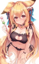  animal_ear_fluff animal_ears bell black_bra black_choker black_panties blonde_hair blush bra breasts cat_cutout cat_lingerie choker cleavage cleavage_cutout clothing_cutout commentary_request dango female food fox_ears fox_girl hair_between_eyes hand_on_own_thigh highres holding holding_food long_hair looking_at_viewer meme_attire neck_bell original panties parted_lips red_eyes sakura_ani sanshoku_dango side-tie_panties simple_background solo underwear very_long_hair wagashi white_background 