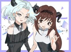  2girls black_dress black_hairband blue_hair border breasts brown_hair corette dress erica_fontaine eyelashes hairband halter_shirt halterneck head_tilt horns lobelia_carlini long_eyelashes medium_breasts multiple_girls oerba_yun_fang off-shoulder_dress off_shoulder parted_bangs purple_border sakura_taisen sakura_taisen_iii shirt short_hair smile star_(symbol) v-shaped_eyebrows veil white_shirt 