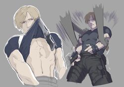  1boy abs arm_grab black_pants blonde_hair blue_eyes blue_shirt clothes_lift collage fingerless_gloves gloves grey_background highres knife leon_s._kennedy male_focus motion_lines muscular muscular_male navel pants pectoral_cleavage pectorals resident_evil resident_evil_4 resident_evil_4_(remake) shirt shirt_lift short_hair short_sleeves shoulder_grab simple_background sweatdrop thigh_strap torn_cloth worried ya2der2 