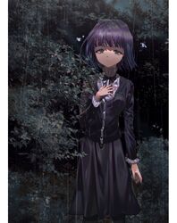  absurdres black_dress breasts corette dress eyebrows_hidden_by_hair female green_eyes hand_on_own_chest highres kitaooji_hanabi medium_breasts open_hand rain sakura_taisen sakura_taisen_iii short_hair solo tree 