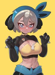  alternate_breast_size alternate_costume bea_(pokemon) blush breasts cleavage closed_mouth commentary cosplay drunkoak eyelashes female grey_eyes grey_hair hair_between_eyes hands_up large_breasts logo looking_at_viewer lucario lucario_(cosplay) navel pokemon pokemon_swsh shiny_skin short_hair simple_background solo spikes sweatdrop yellow_background 