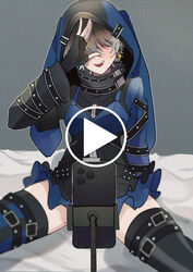  1boy absurdres animal_hood asymmetrical_legwear belt black_belt black_dress black_thighhighs blue_dress blue_hair blue_thighhighs brown_hair cellphone commentary cosplay crossdressing dress earrings effole_(fairy_fencer_f) effole_(fairy_fencer_f)_(cosplay) english_commentary facing_viewer fake_video film_grain fingerless_gloves gloves hair_over_eyes hand_up high_collar highres hood hood_up ike_eveland jewelry ki_sushi_taiyou long_sleeves male_focus microskirt miniskirt multicolored_clothes multicolored_dress multicolored_hair nijisanji nijisanji_en oerba_yun_fang open_mouth phone rabbit_hood short_hair sitting skirt smartphone solo spread_legs striped_clothes striped_thighhighs teeth thighhighs upper_teeth_only vertical-striped_clothes vertical-striped_thighhighs virtual_youtuber 