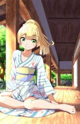  absurdres barefoot blonde_hair character_print collarbone female goldeen green_eyes high_ponytail highres japanese_clothes kimono lillie_(pokemon) long_hair looking_at_viewer negimiso1989 poke_ball_symbol pokemon pokemon_sm print_kimono sitting smile solo tree veranda yukata 