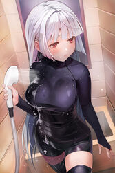  bathroom black_bodysuit black_thighhighs blunt_bangs bodysuit breasts bridal_gauntlets closed_mouth clothed_bath cowboy_shot eyebrows_hidden_by_hair female highres holding holding_shower_head indoors long_hair looking_away medium_breasts original red_eyes shower_head showering solo taishi_(picchiridou) thighhighs tile_wall tiles tsuru-chan very_long_hair wet white_hair 