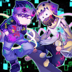  2boys black_mask brothers half-closed_eyes hand_in_pocket knit_hat matsuno_ichimatsu matsuno_jyushimatsu multiple_boys osomatsu-san osomatsu_(series) sharp_teeth siblings skateboarding sound_bell teeth 