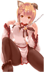  animal_ears bare_shoulders black_pantyhose blonde_hair braid breasts brown_eyes chains closed_mouth collar dog_ears erune female granblue_fantasy hair_ornament hands_up looking_at_viewer medium_breasts nagato_tamakichi no_shoes off_shoulder pantyhose paw_pose pelvic_curtain short_hair simple_background smile solo spread_legs toes vajra_(granblue_fantasy) white_background 