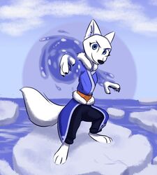  2020 anthro arctic_fox avatar:_the_last_airbender barefoot black_nose canid canine clothed clothing cloud crossover disney elemental_manipulation feet female fox fully_clothed fur hi_res ice looking_at_viewer mammal nickelodeon outside sky skye_(zootopia) smile solo standing theblueberrycarrots true_fox water water_manipulation white_body white_fur zootopia 