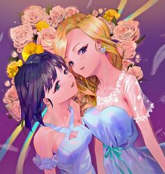  2girls black_hair blonde_hair breasts cleavage collarbone corette dress earrings flower glycine_bleumer green_eyes head_tilt highres jewelry kitaooji_hanabi long_hair looking_to_the_side medium_breasts medium_hair multiple_girls pink_flower pink_rose rose sakura_taisen sakura_taisen_iii shell shell_earrings smile white_dress 