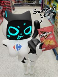  3:4 3d_(artwork) anthro anthrofied bellabot blender_(artwork) carrefour clothed clothing digital_media_(artwork) domestic_cat doritos felid feline felis female food frito-lay hi_res humanoid kerfus liska_(artist) machine mammal photorealism polish_text pudu_robotics robot robot_humanoid screen screen_face solo store text translated 