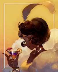  artist_name black_hair bracelet choker closed_eyes cocktail_glass cocktail_umbrella commentary_request cup curly_hair dark-skinned_female dark_skin disney dress drinking_glass earrings english_text feather_hair_ornament feathers female fingernails food from_side fruit hair_ornament holding holding_cup jewelry kawacy lemon lemon_slice long_fingernails short_hair solo the_princess_and_the_frog tiana_(the_princess_and_the_frog) upper_body yellow_background yellow_dress yellow_nails 