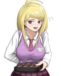  :d absurdres ahoge akamatsu_kaede arm_behind_back blonde_hair blush box box_of_chocolates breasts chocolate collarbone collared_shirt commentary cowboy_shot crazy_eyes danganronpa_(series) danganronpa_v3:_killing_harmony female flying_sweatdrops hair_ornament highres holding large_breasts long_hair long_sleeves looking_at_viewer mint_cat_(a_huu) musical_note musical_note_hair_ornament necktie open_mouth pink_sweater_vest pink_vest pleated_skirt purple_eyes purple_skirt school_uniform shirt simple_background skirt smile solo sweater_vest swept_bangs teeth upper_teeth_only valentine vest white_background white_shirt 