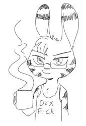  2020 ambiguous_gender anthro black_and_white chest_tuft clothed clothing coffee_mug disney ear_markings english_text eyewear facial_markings fuel_(artist) fur fur_markings glasses head_markings head_tuft holding_object jack_savage lagomorph leporid mammal markings monochrome rabbit shirt simple_background solo tank_top text text_on_clothing text_on_shirt text_on_tank_top text_on_topwear topwear tuft white_background zootopia 