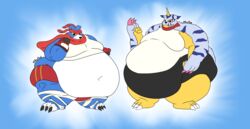  2022 absurd_res accessory anthro bandai_namco belly big_belly blue_body blue_fur bottomwear boxing_gloves canid canine claws clothed clothing collar digimon digimon_(species) digital_media_(artwork) duo feet fur gabumon gaomon handwear headband hi_res horn leotard male mammal morbidly_obese obese obese_anthro obese_male overweight overweight_anthro overweight_male paceplusle red_eyes reptile scalie shirt shorts simple_background tank_top thick_thighs toes topwear watermark wraps yellow_body yellow_eyes 