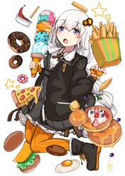  :o absurdres blue_eyes blueberry blush boots braid burger butter commentary cream doughnut egg_(food) female fingerless_gloves food french_fries fried_egg fruit gloves grey_hair hair_ornament highres honey ice_cream_cone kannagoto ketchup kizuna_akari knees_together_feet_apart long_hair macaron orange_gloves orange_pantyhose pancake pantyhose pizza signature simple_background single_braid solo sparkle star_(symbol) strawberry striped_clothes striped_gloves striped_pantyhose vertical-striped_clothes vertical-striped_gloves vertical-striped_pantyhose very_long_hair voiceroid white_background 