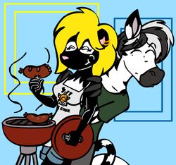  apron blonde_hair clothing ear_piercing ear_ring equid equine female food grill hair jeremy_(tabbiewolf) male male/female mammal meat mephitid piercing ring_piercing sausage skunk tabbiewolf thoe_(tabbiewolf) zebra 