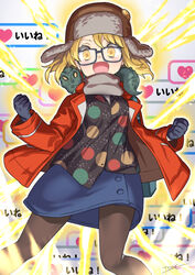  :d alligator black_gloves black_shirt blonde_hair blue_skirt blush breasts brown_hat brown_pantyhose clenched_hands commentary crocodilian fate/grand_order fate_(series) female fur_hat glasses gloves hat heart highres jacket light_blush long_sleeves looking_at_viewer medium_breasts open_clothes open_jacket open_mouth pantyhose paul_bunyan_(fate) polka_dot red_jacket scarf shirt short_hair skirt smile solo super_bunyan_(fate) super_bunyan_(first_ascension)_(fate) tyone white_scarf yellow_eyes 