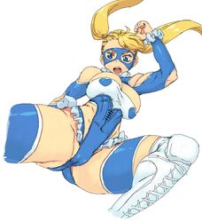  blonde_hair blue_eyes blue_leotard breasts clothing_cutout female hair_pulled_back large_breasts leotard long_hair mask open_mouth rainbow_mika shoulder_cutout simple_background solo street_fighter street_fighter_zero_(series) tsukudani_(coke-buta) twintails white_background wrestling_outfit 