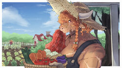  anthro bovid bovine cabbage cannedfl0wer carrot clothing european_mythology farm farmer food fruit greek_mythology hair hat headgear headwear hi_res horn looking_at_viewer male mammal minotaur muscular mythology orange_hair overalls pecs plant redneck scar solo straw_hat tomato vegetable 