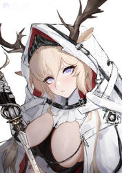  animal_ears antlers antlers_through_headwear arknights blonde_hair breasts chinese_commentary coat commentary_request ears_through_headwear female head_tilt highres holding holding_sword holding_weapon hood hooded_coat horns large_breasts long_hair looking_at_viewer open_clothes open_coat parted_lips purple_eyes sawaki_ken simple_background solo sword upper_body viviana_(arknights) weapon white_background white_coat 