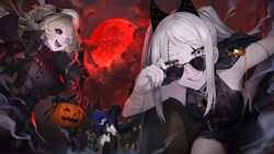  3girls adjusting_eyewear alchemy_stars ascot bandaged_arm bandages bird black_gloves black_skirt bodice brooch building claw_pose cloud eicy_(alchemy_stars) english_commentary fangs fog gloves grey_eyes grey_hair grin hairband halloween halloween_bucket halterneck hand_on_own_hip hat heterochromia highres holding horns jacket jacket_on_shoulders jewelry leaning_forward looking_at_viewer looking_over_eyewear mismatched_sclera moon multicolored_hair multiple_girls open_mouth pencil_skirt peperon_(peperou) raised_eyebrow red_moon red_shirt scar scar_across_eye see-through see-through_shirt sharona_(alchemy_stars) shirt skirt sleeveless sleeveless_shirt smile smokey_(alchemy_stars) stitches sunglasses teeth twintails two-tone_hair witch_hat 