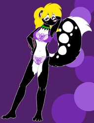  clothing ear_piercing ear_ring female fur mammal markings mephitid piercing purple_background ring_piercing simple_background skunk spots spotted_body spotted_fur tabbiewolf thoe_(tabbiewolf) underwear 