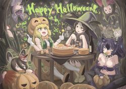  6+girls animal_ears atlantic_puffin_(kemono_friends) australian_devil_(kemono_friends) bat_ears bat_girl bat_wings big_hair bird_wings biting black_hair blackbuck_(kemono_friends) blonde_hair bone_necklace breasts brown_hair brown_long-eared_bat_(kemono_friends) bug cake candy cave cerberus_(kemono_friends) cleavage collar common_vampire_bat_(kemono_friends) dog_ears drink eurasian_eagle_owl_(kemono_friends) extra_ears fangs food food_in_mouth gloves green_hair grin halloween hands_up happy_halloween hat highres hilgendorf&#039;s_tube-nose_bat_(kemono_friends) honduran_white_bat_(kemono_friends) index_finger_raised jack-o&#039;-lantern jack-o&#039;-lantern_(kemono_friends) jungle_crow_(kemono_friends) kemono_friends large_breasts lollipop looking_up malayan_tapir_(kemono_friends) mouth_hold multicolored_hair multiple_girls northern_white-faced_owl_(kemono_friends) ocelot_(kemono_friends) okyao pantyhose pantyhose_under_shorts pig_(kemono_friends) pumpkin pumpkin_hat pumpkin_pants purple_hair scar scar_across_eye scar_on_face shirt shorts sleeveless sleeveless_shirt smile spider spiked_collar spikes strapless striated_caracara_(kemono_friends) tail tasmanian_devil_(kemono_friends) tube_top two_side_up upside-down wings witch_hat 