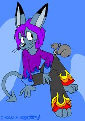  bottomwear clothing english_text fur grey_body grey_fur hair mammal pants purple_hair rodent sciurid shirt tabbiewolf text topwear tree_squirrel unknown_species 